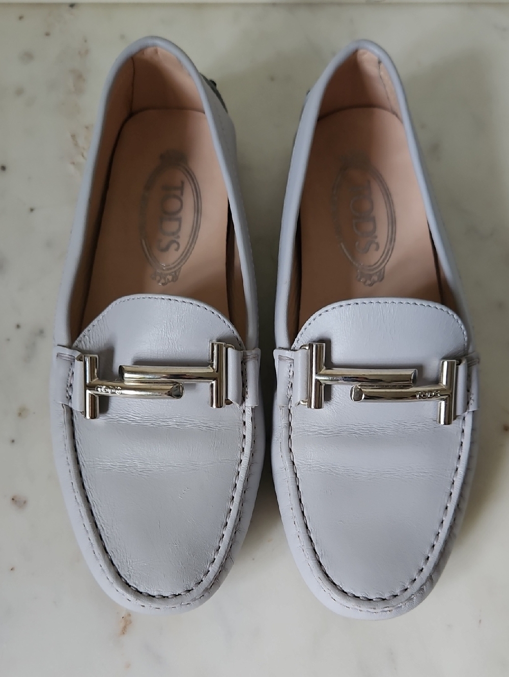 TOD'S: Classy Grey Leather And Silver Logo Buckle Driving Loafers